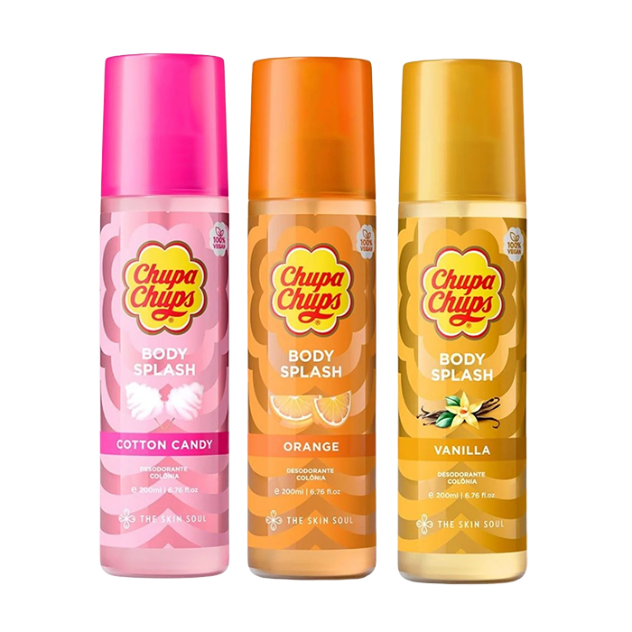 3 frascos de body splash licenciados da marca Chupa Chups pela empresa Skinsoul