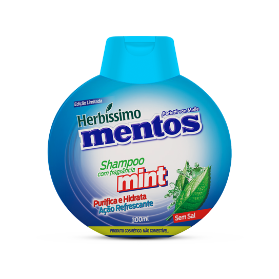 Shampoo da Mentos, licenciado pela empresa Herbíssimo